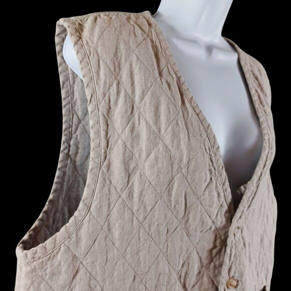 Vtg Adirondack L Quilted Linen Vest Tan Neutral Outdoorsy Fall Cottagecore Layer - Picture 4 of 8